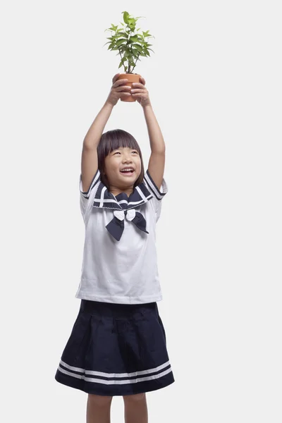 Niña sosteniendo maceta planta sobre su cabeza — Foto de Stock