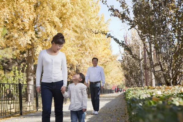 Far-och morföräldrar och barnbarn promenader i parken — Stockfoto