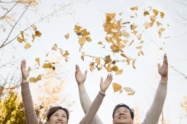 Äldre par kasta löv i luften — Stockfoto