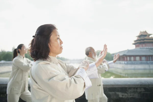 Drie chinese mensen die het beoefenen van tai ji — Stockfoto