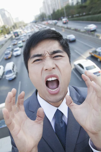 Empresario enojado gritando sobre autopista高速道路で叫んで怒っている実業家 — ストック写真