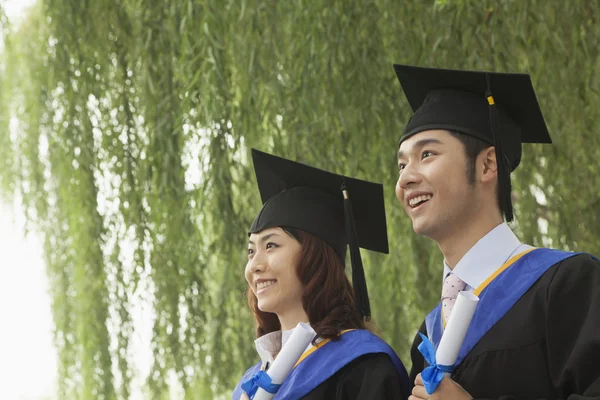Выпускники, имеющие дипломы и смотрящие в будущее — стоковое фото
