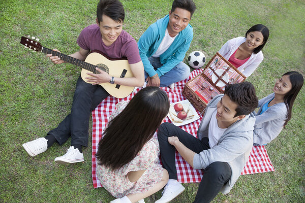 Six friends having a picnic