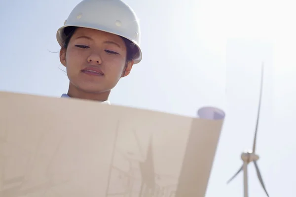 Engineer looking down at blueprints — Stock Photo, Image
