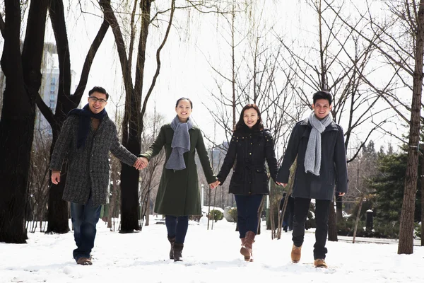Couples holding hands in park covered in snow — Stock Photo, Image