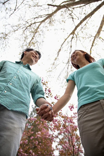 Paar bedrijf handen in het park in de lente — Stockfoto