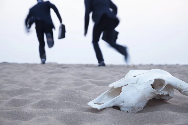 Des hommes d'affaires fuyant un crâne d'animal — Photo