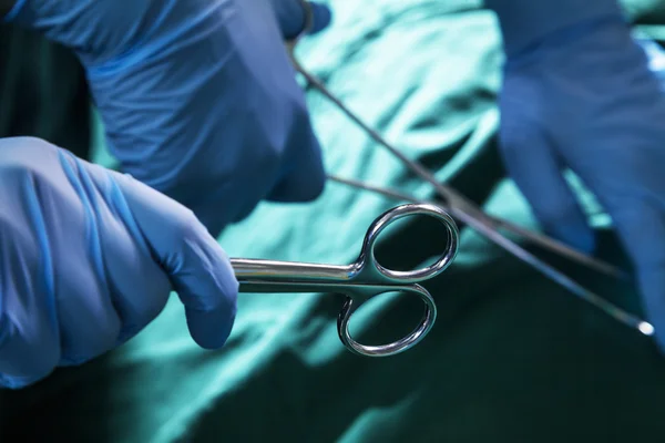 Gloved hands holding the surgical scissors — Stock Photo, Image