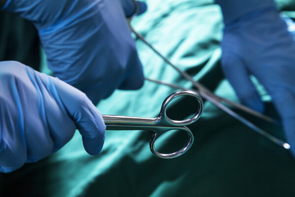 Gloved hands holding the surgical scissors