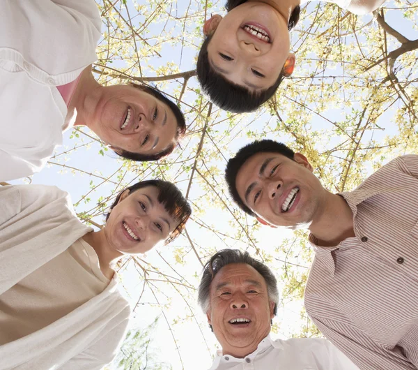 Family in a circle looking down in a park — Stock Photo, Image