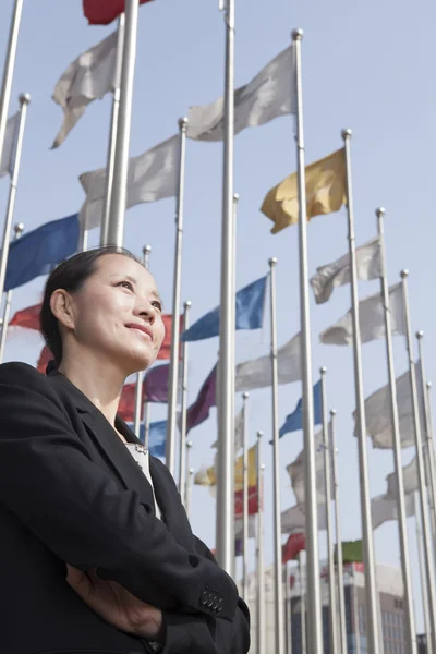 Businesswoman with flagpoles — Stock Photo, Image