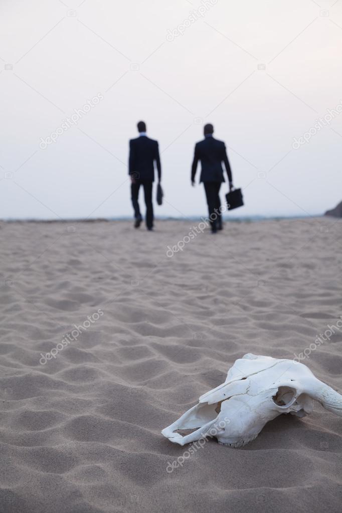 Businessmen walking away from an animal skull