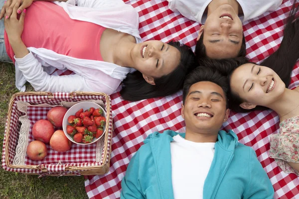 Amici sdraiati sulla schiena a fare un picnic — Foto Stock