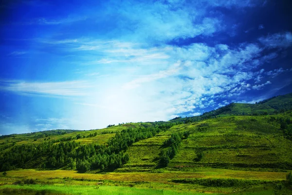 Paisagem verde com céu azul e nuvens — Fotografia de Stock