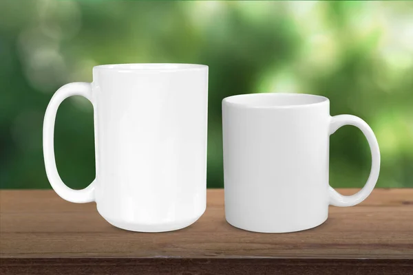 White Coffee Mugs Chilling Rustic Wood Tabletop Soft Green Trees — 图库照片