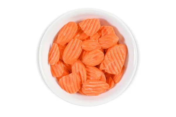 Top View Freshly Washed Sliced Carrots White Bowl Isolated White — 图库照片