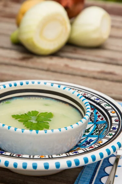 Fennel cream soup in the traditional tunisian plate — Stock Photo, Image