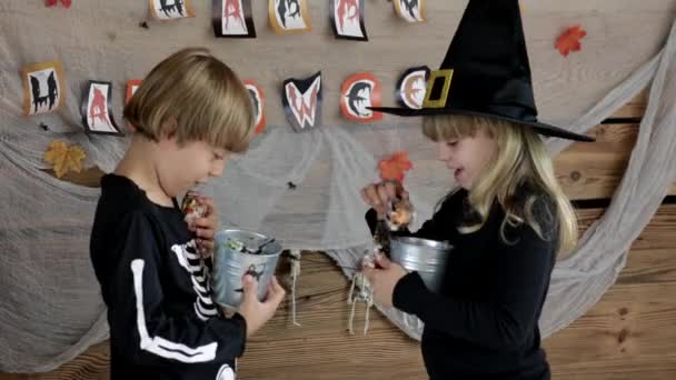 Syster Och Bror Kollar Hur Många Sötsaker Har Tjänat Halloween — Stockvideo