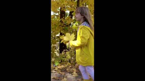 Little Girl Dancing Autumn Leaves Park — Video Stock