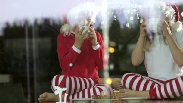 Due Bambini Che Indossano Cappelli Natale Seduti Bevono Mangiano Torte — Video Stock