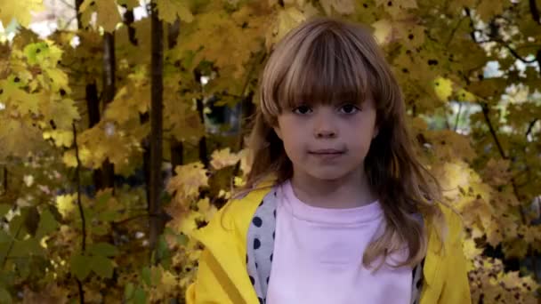 Smiling Caucasian Little Girl Autumn Park — Video Stock