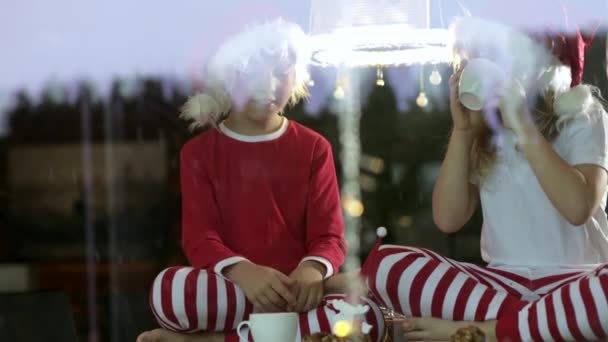 Két Karácsonyi Sapkás Gyerek Üldögél Teát Iszik Tortát Eszik Otthon — Stock videók