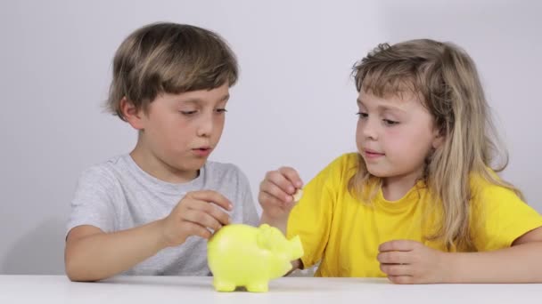 Brother Sister Putting Coins Piggy Bank Slow Motion — Stock Video