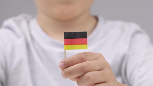 Кавказский Мальчик Лет Держит Маленькие Флаги Германии Высококачественные Кадры — стоковое видео