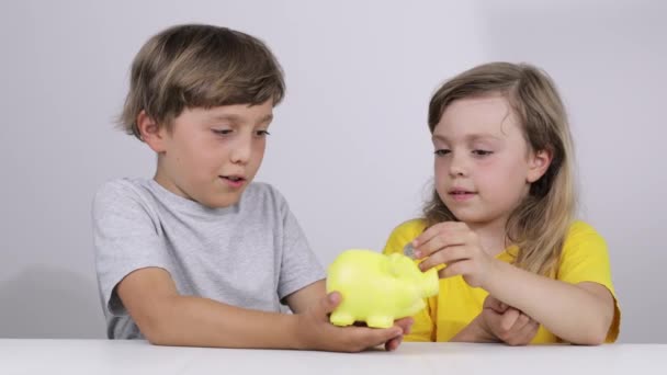 Brother Sister Putting Coins Piggy Bank Slow Motion — Stock Video