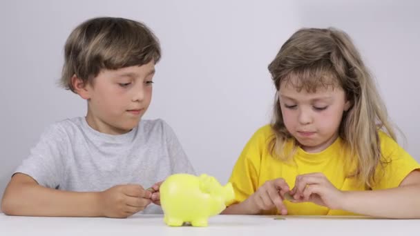 Brother Sister Putting Coins Piggy Bank Slow Motion — Stock Video