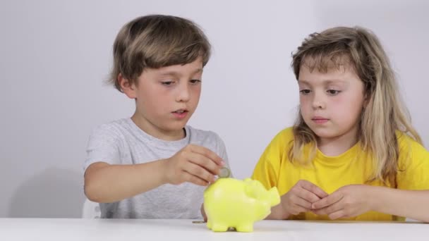 Brother Sister Putting Coins Piggy Bank Slow Motion — Stock Video