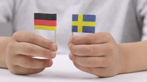 Кавказский Мальчик Лет Держит Маленькие Флаги Швеции Германии Высококачественные Кадры — стоковое видео