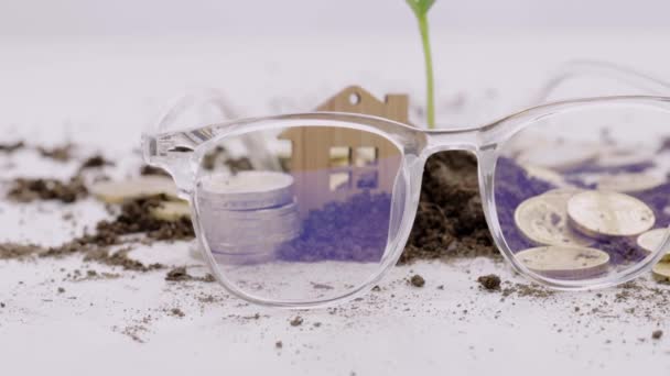 Eyeglasses Closeup Seedling Soil Small Wooden House Euro Coins Background — Video