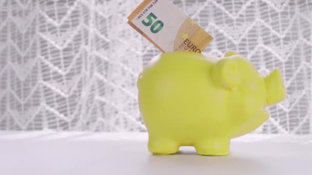 Human Hand White Cotton Glove Takes Euro Banknote Piggy Bank — Stok video