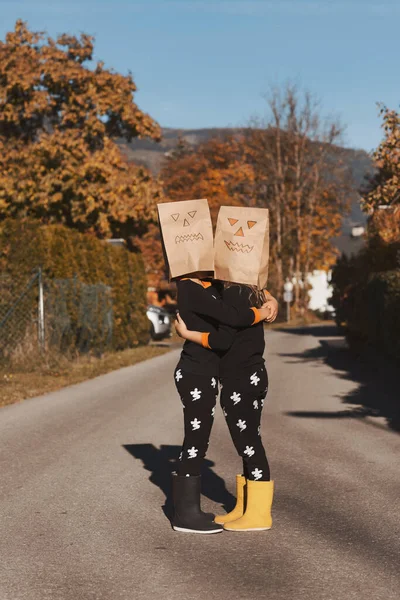 Two Kids Halloween Pyjamas Playing Together High Quality Photo — стоковое фото