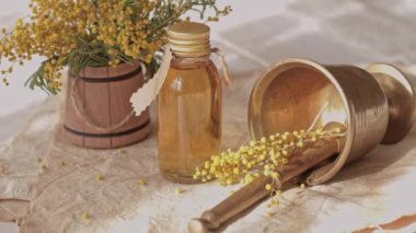 Mimosa çiçekleri ve mimoza tentürü eski bir çuval bezinin üzerinde. Yüksek kalite 4k görüntü