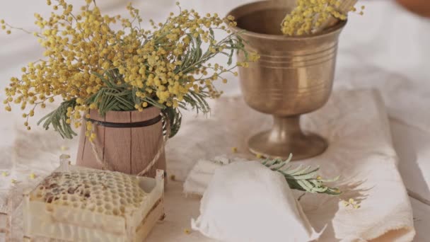 Blumen Von Mimosen Waben Und Bronzemörtel Hintergrund Nahaufnahme — Stockvideo