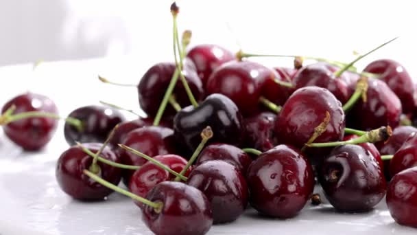 Sweet Red Cherries Being Sprayed Water High Quality Footage — Stock video