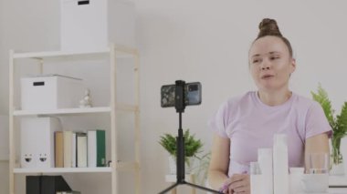 Cosmetologist blogger is making publicity. High quality 4k footage
