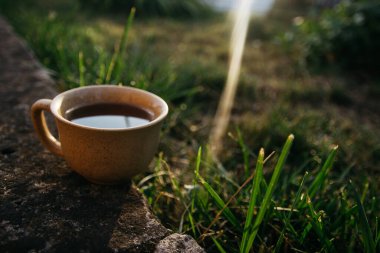 mug of coffee, tea on the background of home garden and sunset