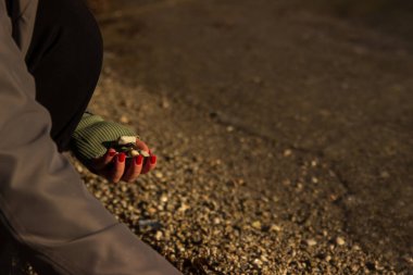 a girl on the seashore, in a long raincoat. holds a shell in his hand