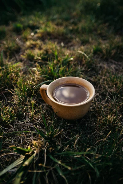 Mug Coffee Tea Background Home Garden Sunset — Stockfoto