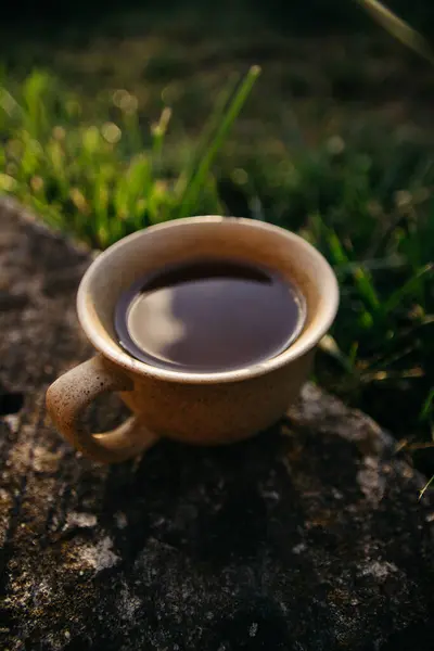 Mug Coffee Tea Background Home Garden Sunset — стоковое фото
