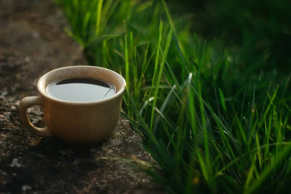a cup of coffee on the background of the sunset.cup of coffee in the sunset