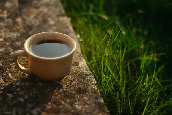 a cup of coffee on the background of the sunset.cup of coffee in the sunset