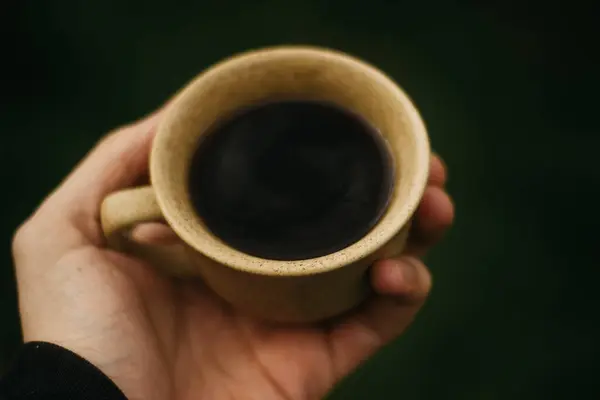 Tasse Kaffee Morgen Espresso Kaffee Kaffeebrei Auf Dunklem Hintergrund — Stockfoto