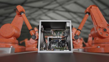 Fabrikada robotik silahlar. Sanayi 4.0 konsepti. 3d resimlendirme.