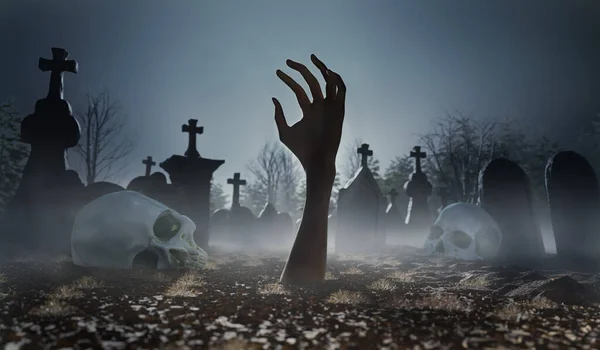 Gruselige Zombie Hand Auf Friedhof Oder Friedhof Ragt Aus Dem — Stockfoto