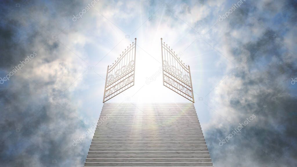 Stairway leading through clouds to open gate in heaven. Religion, christianity and life after death concept. 3D rendered illustration.