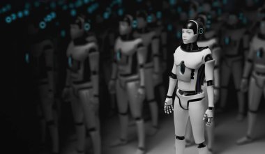 Bir sürü insansı robot. Yapay zeka konsepti. 3 Boyutlu resimleme.